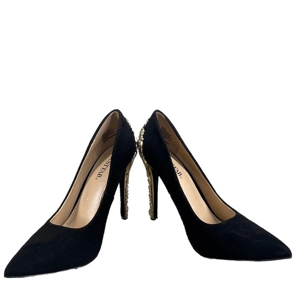 Just Fab Sarina Black Evening Stiletto Pumps Metal Cage 4” Gold Heel Sz 8.5 - Picture 3 of 11